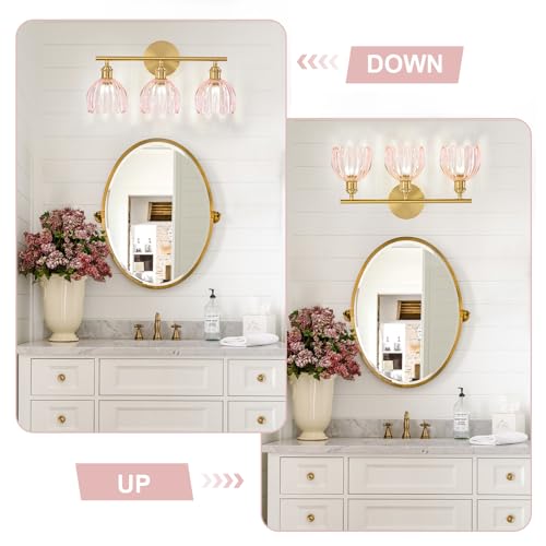 Image of Gold Bathroom Light Fixtures Over Mirror, 3 Light Bathroom Vanity Light with Tulip Pink Glass Lampshade, Vintage Vanity Lights for Bathroom, Bathroom Vanity Lights Over Mirror