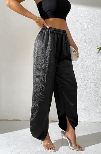 Women's Satin Pants Baggy Dressy Trouser Wide Leg Slouchy Curved Hem Wrinkle Textured Silky Pants2