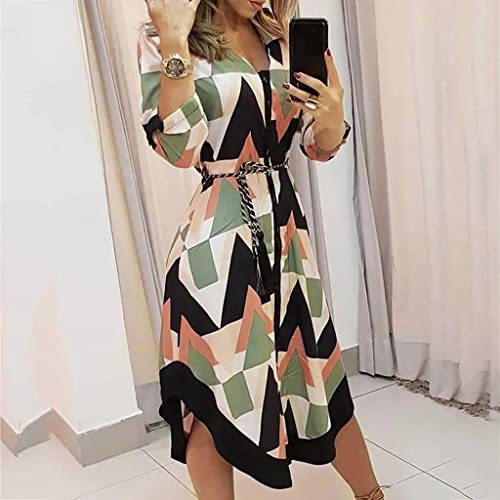 Vestido Camisa Manga feminino, gola V, manga comprida, solto, vestido midi 3/4 (Verde,L)