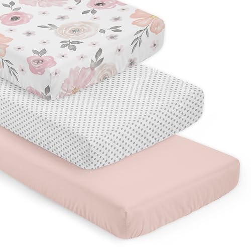 Image of Sweet Jojo Designs 3-Piece Baby Crib Sheets Set (Pink Boho Floral) for Girls, Infant Nursery, Toddler Room - Fitted, Standard Size (Solid Blush, White & Grey Polka Dots & Bohemian, Shabby Chic, Rose)