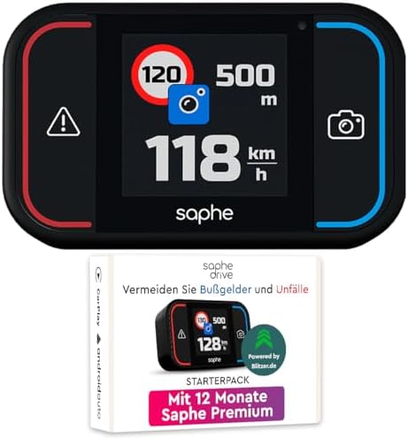 Saphe Drive Pro Blitzerwarner für das Auto mit Farbdisplay – CarPlay und Android Auto kompatibel – Zeigt Blitzer und Gefahren – Daten von Blitzer.de – Inkl. 12 Monatsabo