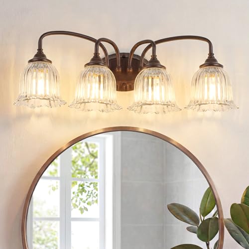 Image of Oil Rubbed Bronze 4-Light Bathroom Light Fixtures with Floral Glass Shade | Vintage Vanity Lights Wall Sconces Over Mirror for Bathroom Powder Room