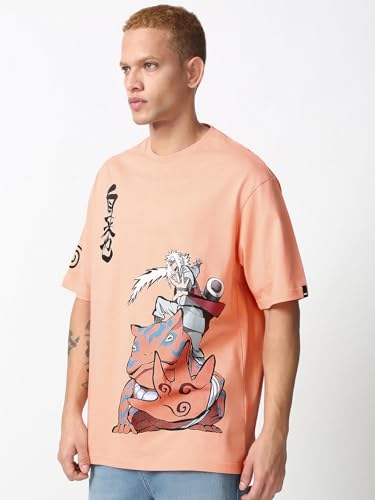 Image of Bewakoof Official Naruto Merchandise Men's 100% Cotton 220 GSM Graphic Print Oversized Fit Round Neck T-Shirt