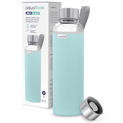 Aquafloow Borraccia con Custodia 700 ml, in Vetro borraccia acqua Borosilicato Trasparente con Coperchio Protettivo e Tappo a Vite, Ideale per Lavoro, Scuola, Fitnes – Bleu clair