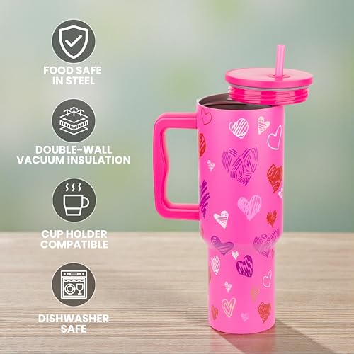 Image of CYNVEXA Tumbler with lid and Straw 1200ML Cup Stainless Steel Vacuum Insulated Tumbler for Water, Iced Tea or Coffee 1.2L Office Gym Travelling (Dark Pink Heart)