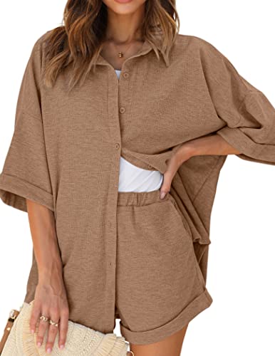 Image of Ekouaer Waffle Knit Lounge Sets for Women Short Sleeve Pajamas Button Down Pjs Oversized Loungewear Shorts Set