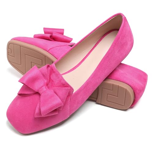 Image of WENJIAZHIZHI Square Toe Bow Ballet Slip-On | Classic Suede Finish,Chic Bow Detail,Effortless Everyday Style,Wedding Party Office,Plus Size Available