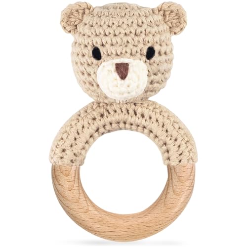 Image of Wooden Baby Rattle, Handmade Crochet Stuffed Animal Organic Rattle Toys, Beige Bear Rattles for Babies 0-6 Months with Wood Teething Rings, Baby Announcements Ideas