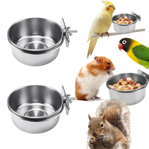 BCHARYA 2 Pack Stainless Steel Bird Food Bowls with Clamp - Rust Proof Metal Feeding Cups for Parrot Cage Easy Clean Water Dish for Cockatiel Conure Budgie Parakeet Small Animal (3.9 Inch Silver)