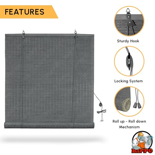 Image of HIPPO Bamboo Curtains - W-3 FT X H-5 FT Rope Mechanism Roll Up Down Indoor Bamboo Shade for Sun & Dust Protection for Home Window, Balcony, Restaurant, Hotel, Resort (Grey)