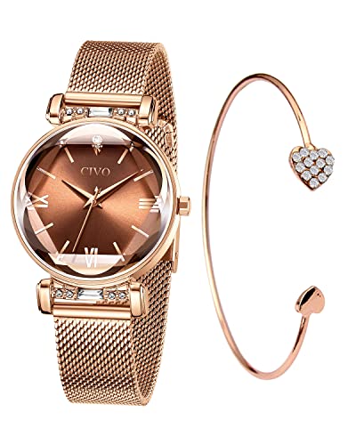 CIVO Bracelet Montre Femme Élégant - Or Rose Conception Unique avec Bracelet Milanais - Cadran Rond Moderne - Cadeau de Luxe