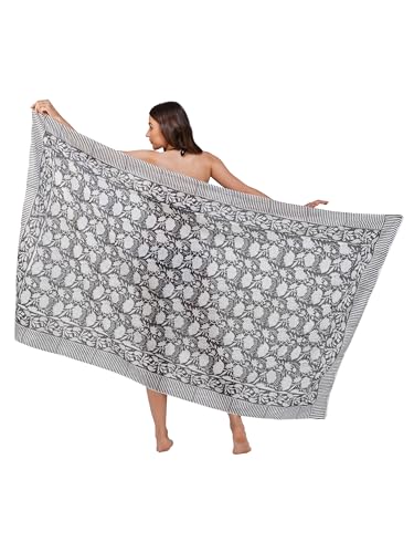 100% Cotton Hand block Sarong Beach Pareo -Your Perfect Summer Cover up Swimwear Companion Wrap Skirt In Summer (Black-White Flower) - Image 3