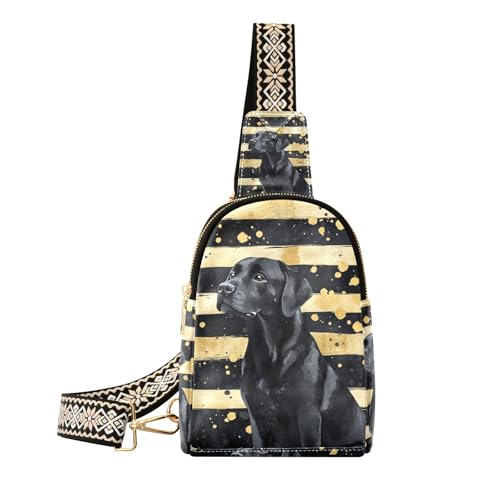 KLL Trendy Black Dog Black and Gold Striped crossbody sling bag lightweight sling backpack for women for hiking