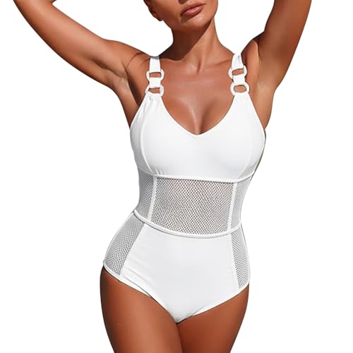 Badeanzug für Damen, Bauchkontrolle, Einteiler, Bademode, Netzstoff, durchsichtig, rückenfrei, gepolstert, hoch geschnitten, sexy, schlankmachend, Monokini für Strandurlaub, weiß, L