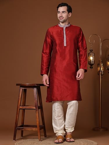 Image of SKAVIJ Men's Art Silk Embroidered Kurta Pajama Set Thread Work Ethnic Motifs Festive Party Dress