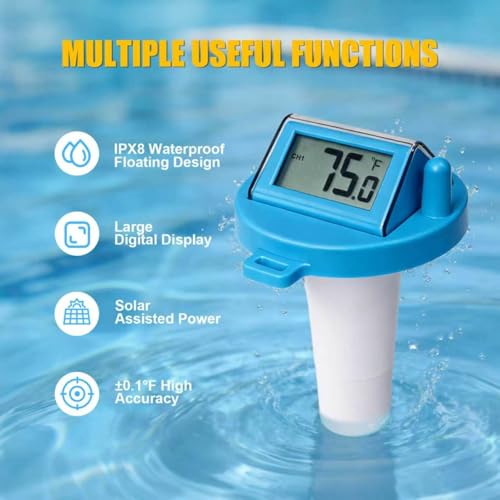 Image of Solar Pool Thermometer Floating,Digital Pool Thermometer,Waterproof IPX8 | Large easy-read display.Includes tether rope for secure floating.Switch between F /C. Perfect for pools,hot tubs & ponds