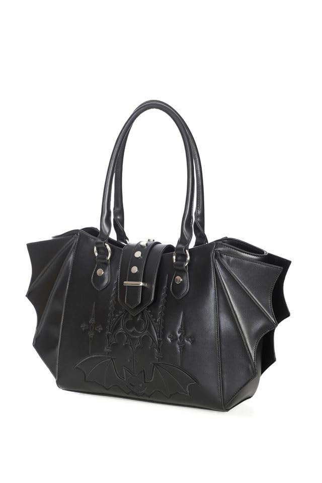 Banned Schwarze Gothic-Handtasche mit Fledermausflügel, Halloween-Wappen, Vampir, Alt-Stil, Handtasche