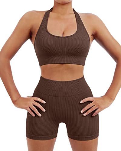 SUUKSESS Women Two Piece Seamless Ribbed Workout Sets Outfits Backless Halter Sports Bra Booty Biker Shorts (Dark Brown, S) - Thumbnail 2