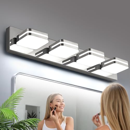 Image of Torondo 360 Rotate LED Bathroom Vanity Light Fixtures, Acrylic Vanity Lights for Bathroom, Modern Wall Lighting Fixtures Over Mirror Living, Chrome, Natural White, 4-Light, 27-Inch