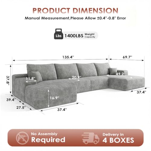 Image of Boneless Couch, Modular Sectional Couches for Living Room, U-Shaped Cloud Couch Sofa with Deep Seat, Fluffy Corduroy Upholstered Corner Sofa