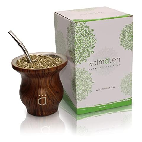 Kalmateh Modern Yerba Mate Gourd - Double Walled 18/8 Stainless Steel- Includes Bombilla and a Cleaning Brush-9 oz,270ml (Wood) Cover