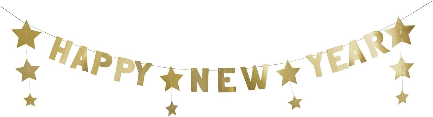 Hootyballoo Gold Happy New Year Star Card Banner, 2M New Year’s Eve Party Decoration