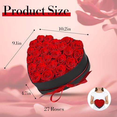 Preserved Roses Heart Shape Box Valentines Day Gifts for Her Mothers Day Forever Flowers (Red, 27 Roses) - Image 3