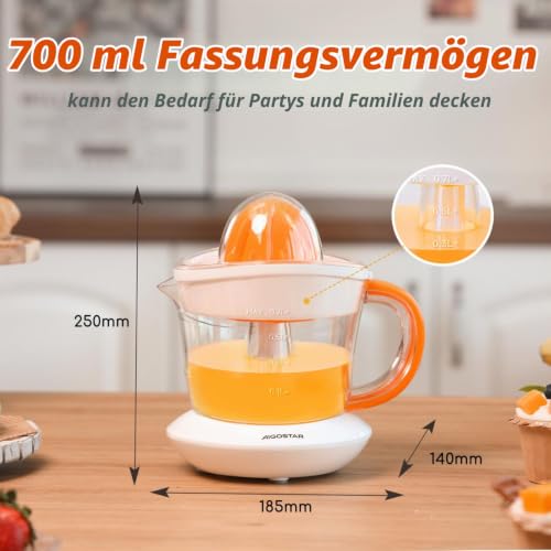 Aigostar Zitronenpresse Elektrisch 700ml, 2 Abnehmbaren Kegeln, 40W – Ansicht 5