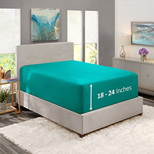Image of Hearth & Harbor Extra Deep Pocket Full Fitted Sheet - Fits 18 to 24 Inch Mattress - Ultra Soft 1800 Microfiber, Wrinkle-Free & Breathable - Hotel Luxury Fitted Sheet Only, Teal