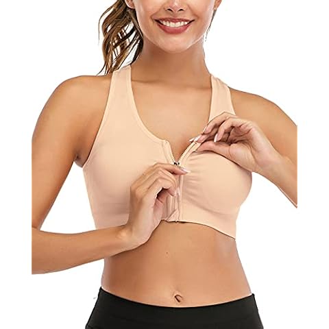 FLORATA Women's Sports Bra Wireless Post Surgery Bra Zip Front with Removable Pads Yoga Bra for Workout Fitness Beige Cover