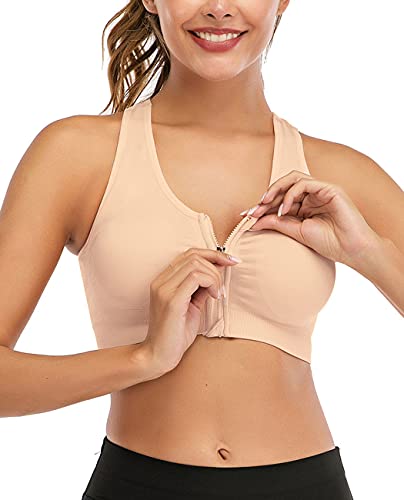 Women's Zip Front Sports Bra Wireless Workout Bra, Post-Surgery Bra Beige