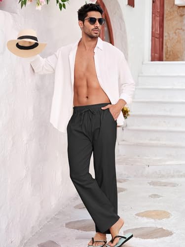 Litthing Pantaloni Lino Uomo Pantalone Cotone Estivi Casual Tasche Pants Larghi Coulisse Pant Comodi e Leggeri Spiaggia
