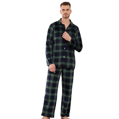 Vulcanodon Mens Pajama Set Soft Button Down Classic Lapel Comfy Long Sleeve Pajamas for Men Lounge Plaid Pjs Set with Pockets