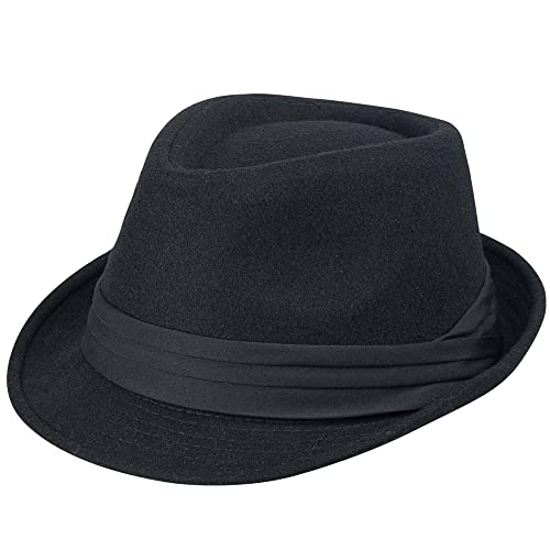 Klassische Herren-Mütze Manhattan, strukturiert, Gangster-Trilby-Fedora-Hut, kubanischer Stil, Derby-Hut, Jazz-Mütze, Schwarz – dreifach plissiertes Hutband, large