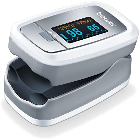 Beurer PO 30 Pulsioxímetro, medición saturación de oxígeno (SpO2) y frecuencia cardíaca (pulso), pantalla a color de fácil lectura, visualización frecuencia cardíaca, Blanco/Plata, 60 x 36 x 32 mm Cover