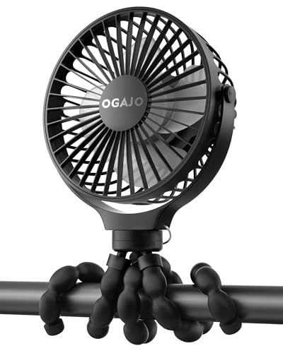 Image of OGAJO Portable Stroller Fan Rechargeable USB Personal Clip On Fans, 360° Rotate 3 Speeds Detachable Flexible Tripod Small Mini Handheld Desk Fan Black