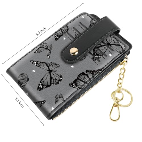 Bifold Wallet RFID Credit Card Wallet Card Holder for Women or Men with Keychain Zipper Pocket,Black Butterflies3