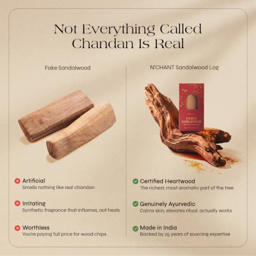 Image of N'CHANT 100% Pure Mysore Sandalwood Log for Face & Skin Care | Original Chandan Stick, Lab Tested | Cooling Ayurvedic Face Pack for Glow & Clear-Looking Skin | Pooja, Tilak & Meditation