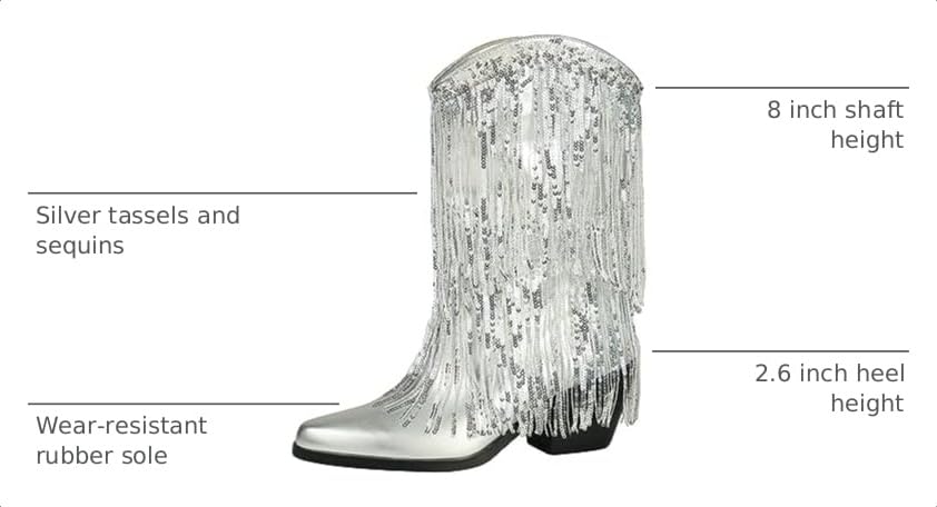 Image of HiColor women's leather-like thick-heeled western pointed booties Black tassels & sequins decorated fashionable boots
