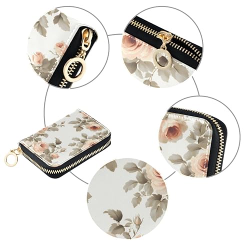 RFID Credit Card Wallet Beige Flower Leaves White Pattern PU Leather Purse Case with Zipper Card Holder for Women Girls3