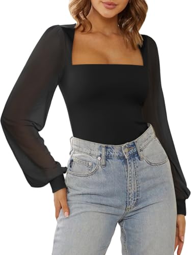Image of PINKMSTYLE Women's Square Neck Double Lined Mesh Long Sleeve Bodysuits | Sheer Puff Sleeve Body Suit,Slim fit Trendy Going Out Tops,Concert Outfit