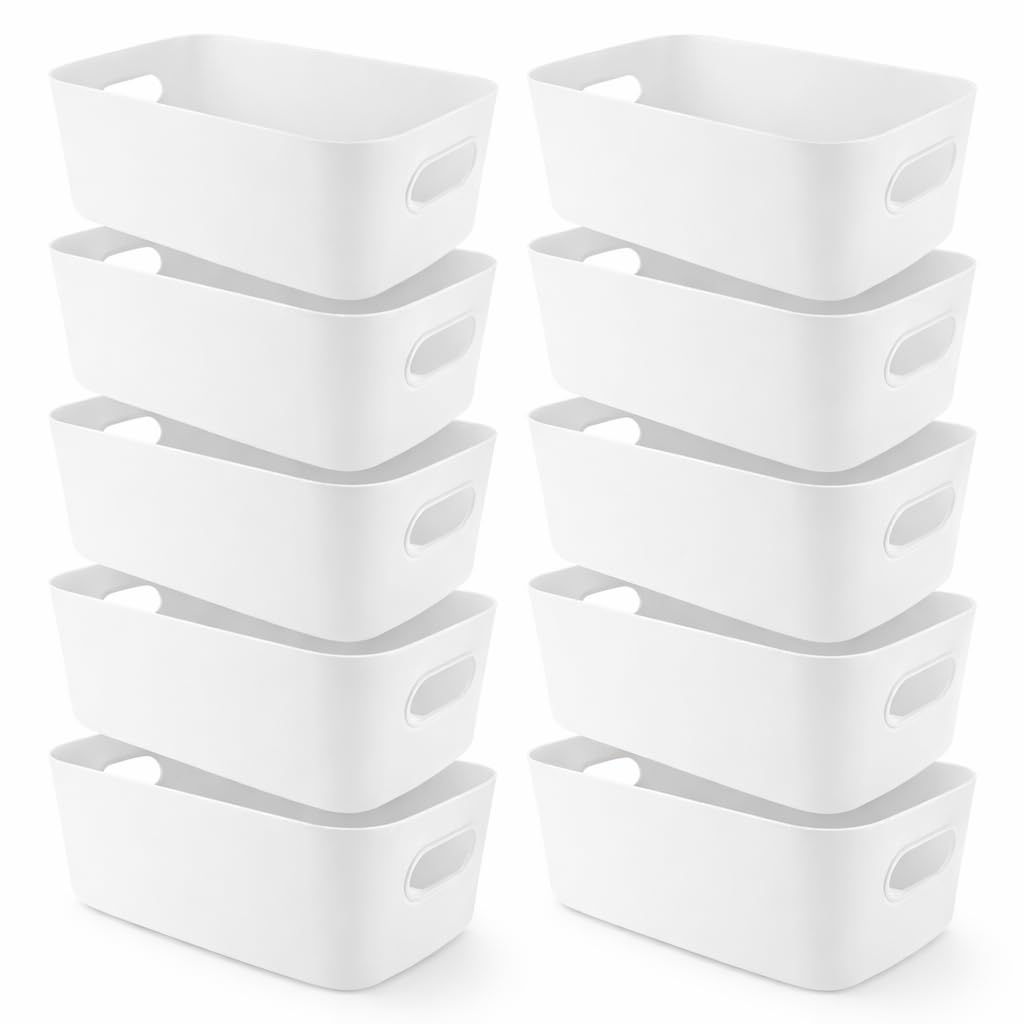 SHUESS 10 cajas de almacenamiento de plástico, 30 x 20 x 12,5 cm, grandes cestas blancas, cajas de almacenamiento, cajas organizadoras de plástico con asa, caja de plástico apilable para cocina