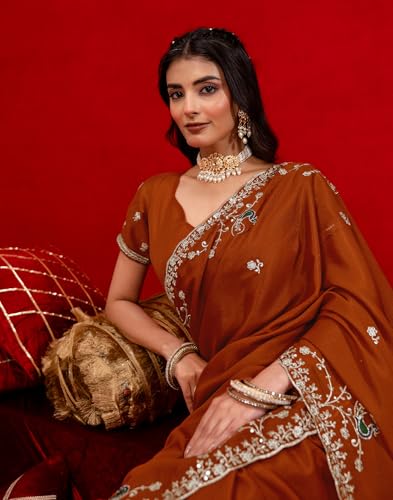 Image of SIRIL Women's Georgette Embroidery Saree With Unstitched Blouse