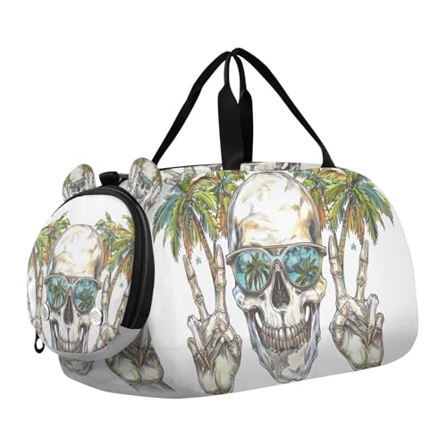 Duffle Bag for Boys or Girls with Shoes Compartment, Skull Wearing Sunglasses Palm Sports Travel Bag Overnight