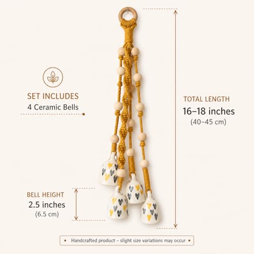 Image of Mundane | Macrame Bell Hanging with Handpainted Ceramic Bells | Wall & Balcony Home Decor | Bells Size- 2.5 inches | (Grey Yellow Hearts- Yellow Macrame)