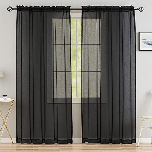 Image of Sheer Curtains 84 inch Length 2 Panels Set, Semi Sheer Privacy Curtain Drapes, Black Rod Pocket Window Treatments Voile Curtains for Windows Living Room Bedroom Sunroom French Doors, 52 inchW x 84 inchL
