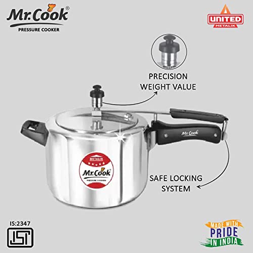 Image of MR COOK By United Metalik Eco Tech Induction Base Aluminium Pressure Cooker with Inner Lid, 5 Litre (Silver)