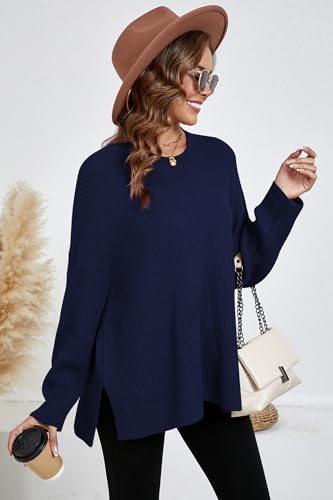 Women's Batwing Long Sleeve Oversized Sweaters Fall Loose Fit Knitted Side Slit Pullover Tops4