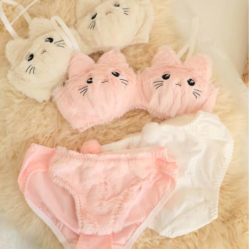 Image of Cute Kawaii Lingerie Set - Plush Kitty Design Adorable Bra and Panty Set in Soft Pink and Cream - Cosplay Lingerie Honeymoon Date Night Couple Valantine Day Gift Sexy Lingerie