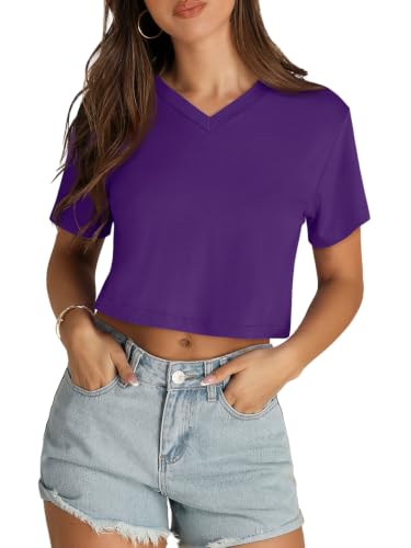Image of Womens Crop Tops Short Sleeve V Neck Summer Cropped T Shirts Baisc Tees